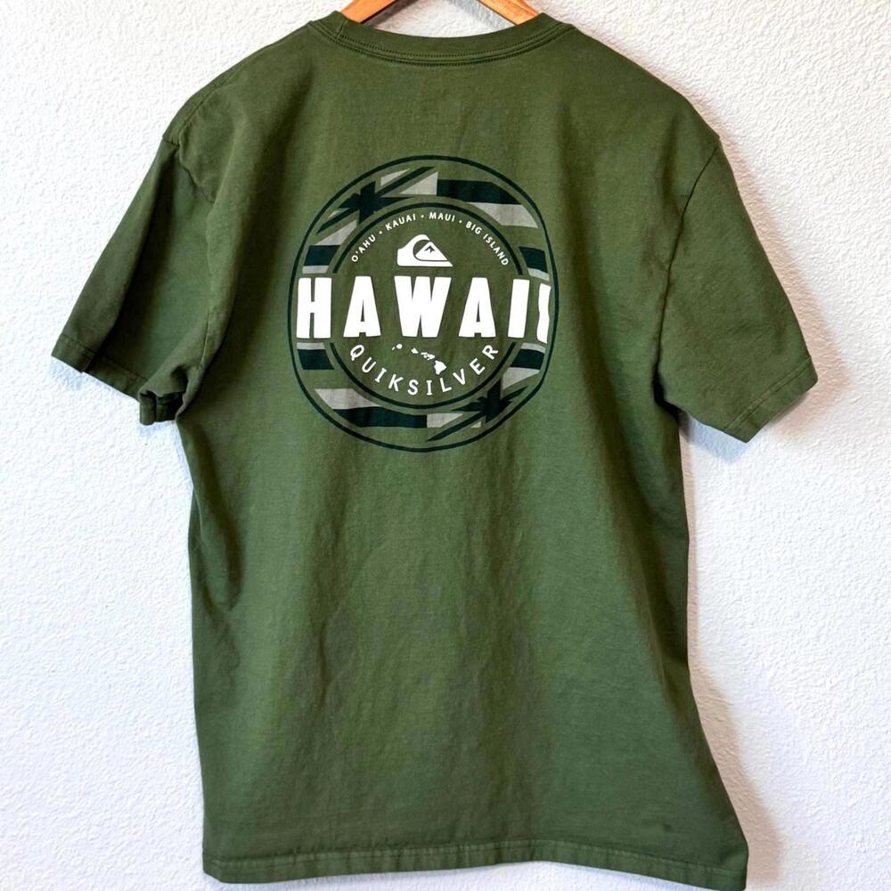Quiksilver T-Shirt Men's Large Hawaii Graphic Green Cotton Short‎ Sleeve